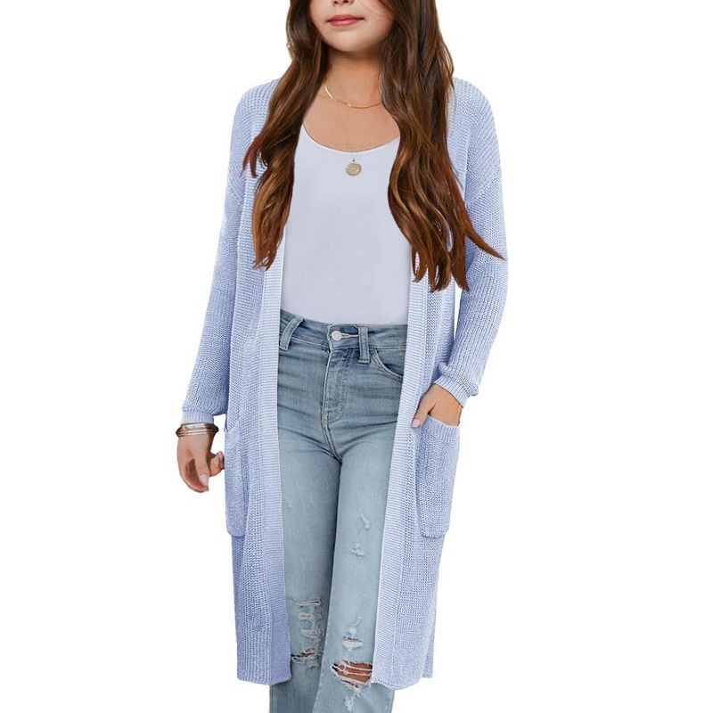 Girls Knee Length Cardigan Long Sleeve Open Front Sweater with Side Pockets