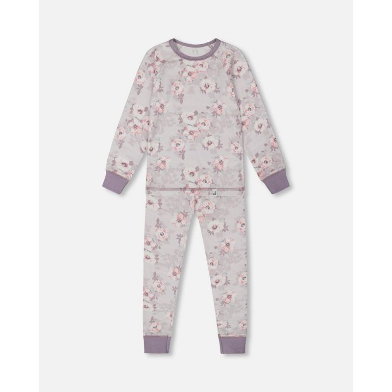 Deux par Deux Girl Printed Organic Cotton Long Sleeve Top and Pant Pajama Set Pale Pink Flowers on Neutral Lilac