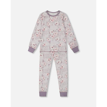 Deux par Deux Girl Printed Organic Cotton Long Sleeve Top and Pant Pajama Set Pale Pink Flowers on Neutral Lilac