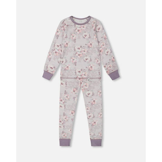 Deux par Deux Girl Printed Organic Cotton Long Sleeve Top and Pant Pajama Set Pale Pink Flowers on Neutral Lilac