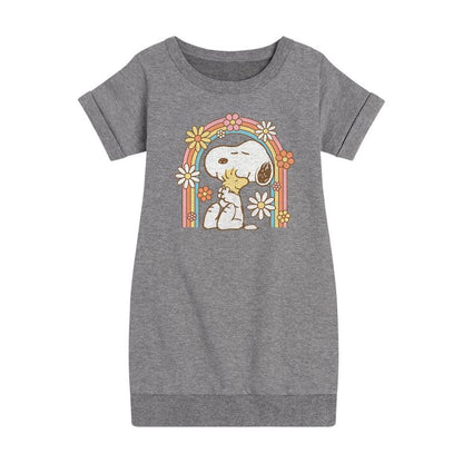 Girls' - Peanuts - Retro Flower Rainbow Graphic Short Sleeve Fleece Dress