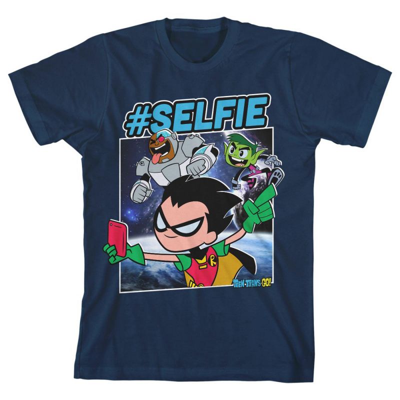 Teen Titans Go #Selfie Youth Navy Blue Graphic Tee