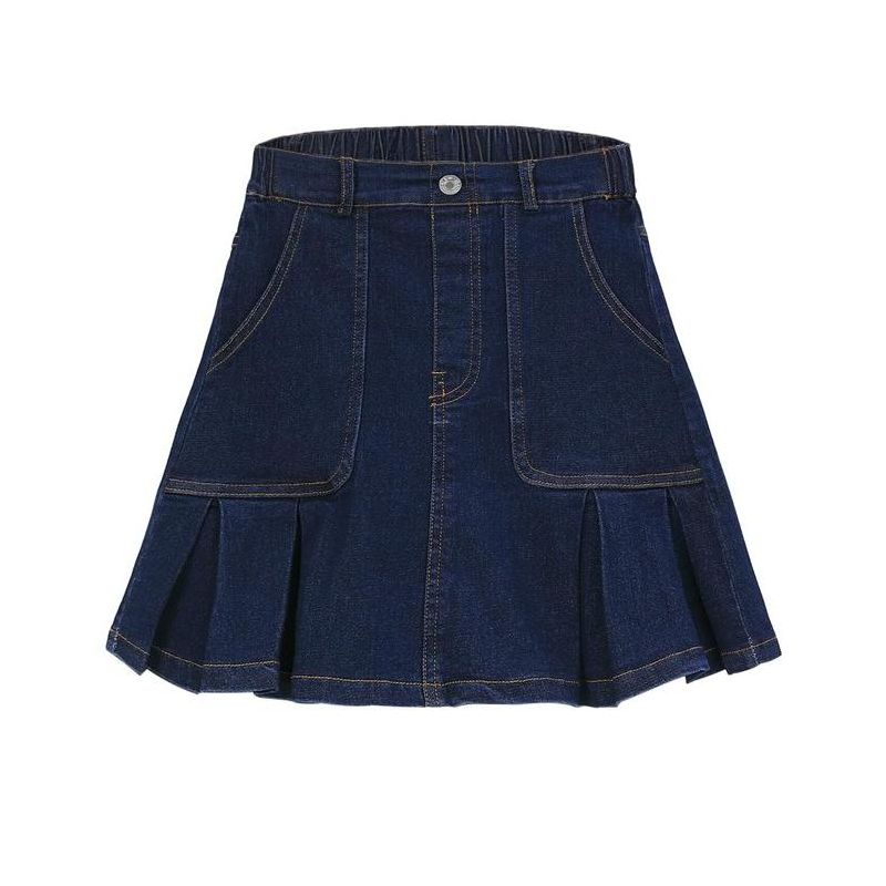 Girls Denim Skirts with Side Pockets Pleated Hem Skirts Casual Mini Denim Skirts