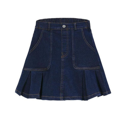 Girls Denim Skirts with Side Pockets Pleated Hem Skirts Casual Mini Denim Skirts