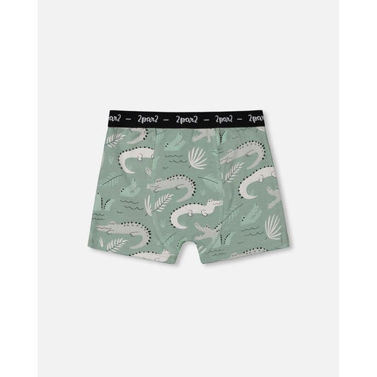 Deux par Deux Boy Printed Organic Cotton Boxer Shorts Light Sage and Gray Crocodile