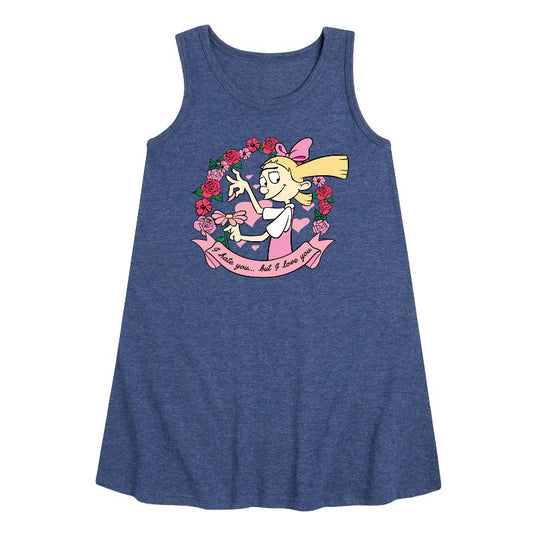 Girls' - Hey Arnold! - Valentine's I Love You Graphic Sleeveless Aline Dress