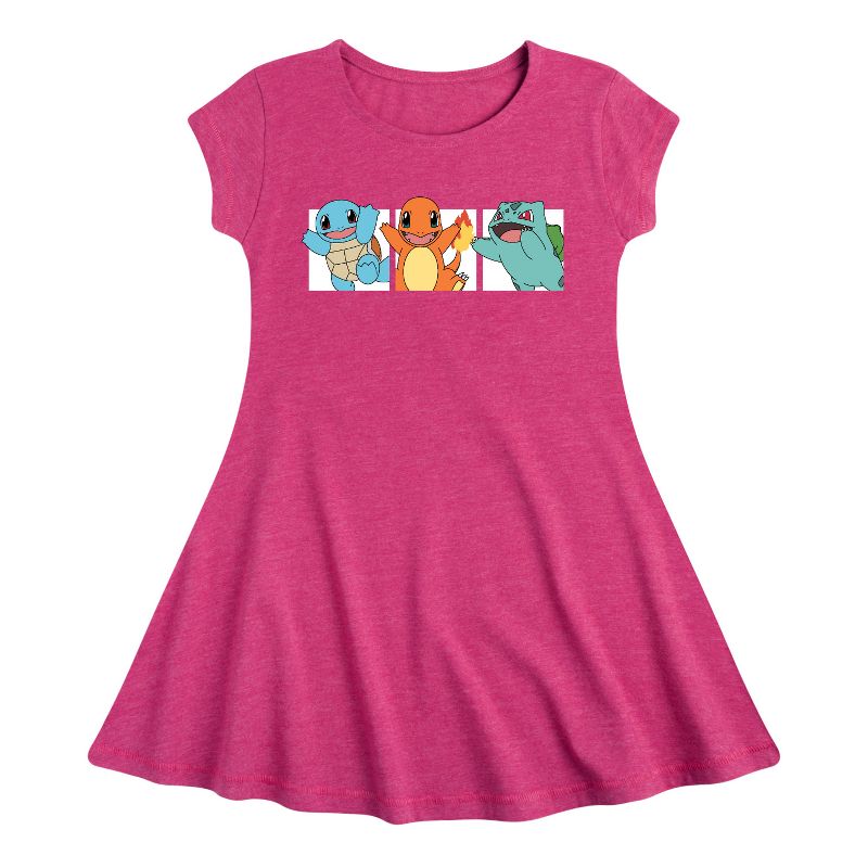 Girls' - Pokémon - Squirtle, Charmander and Bulbasaur -Youth Girls Fit And Flare Dress Fit & Flair Cap Sleeve Dress