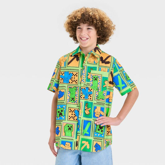 Boys' Minecraft Woven Button-Up Shirt - Mint Green