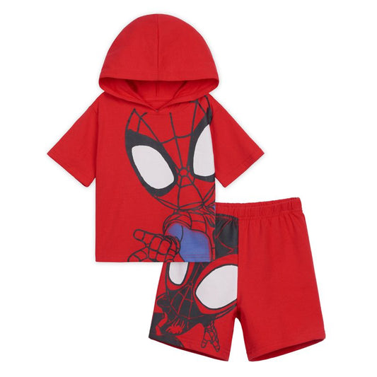 طقم ملابس للأطفال الصغار من Marvel Spider-Man and His Amazing Friends، بلوزة بغطاء رأس وشورت من قماش تيري الفرنسي