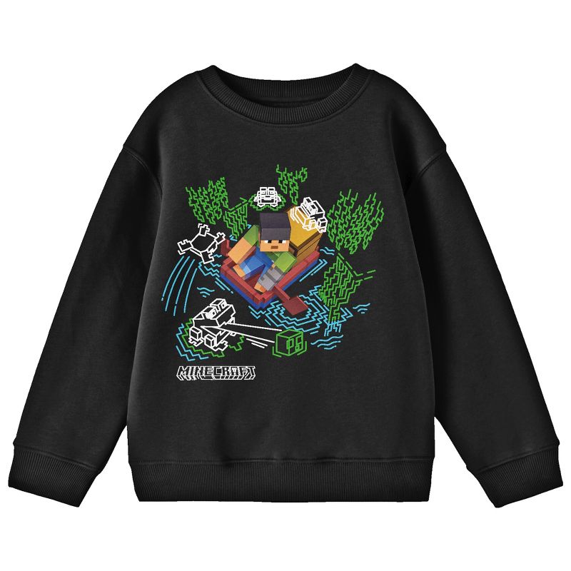 Minecraft Character Paddling With Doodle Art Youth Black Crew Neck Sweatshirt