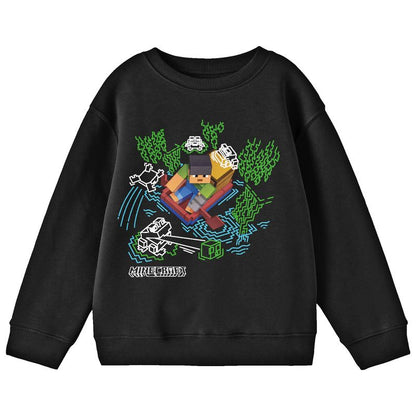 Minecraft Character Paddling With Doodle Art Youth Black Crew Neck Sweatshirt