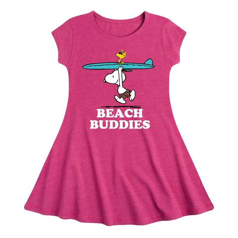 Girls' - Peanuts - Snoopy Woodstock Beach Buddies Surfing Fit & Flair Cap Sleeve Dress