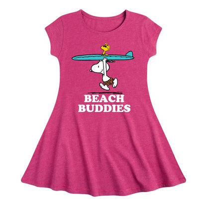 Girls' - Peanuts - Snoopy Woodstock Beach Buddies Surfing Fit & Flair Cap Sleeve Dress