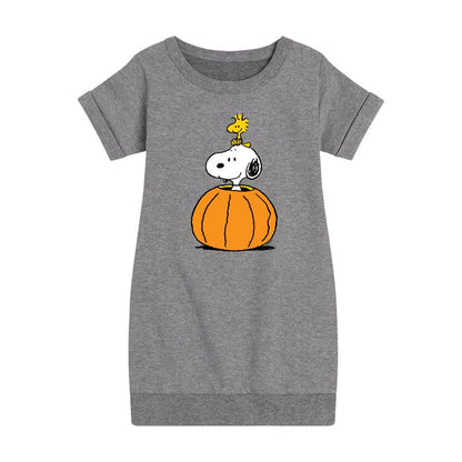 Girls' - Peanuts - Snoopy Woodstock Pumpkin Graphic Short Sleeve Fleece Dress