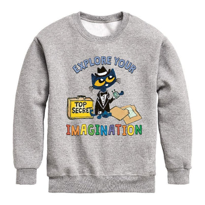 Boys' - Pete The Cat - Explore Your Imagination -Toddler And Youth Crewneck Fleece Sweatshirt Graphic Long Sleeve Fleece Sweatshirt