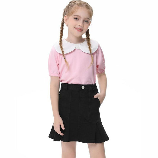 Girls Cute Tops Peter Pan Collar with Cute Bow Puff Short Sleeve Kids Fashion Shirts Summer Top Keyhole Tops Girls Blouse