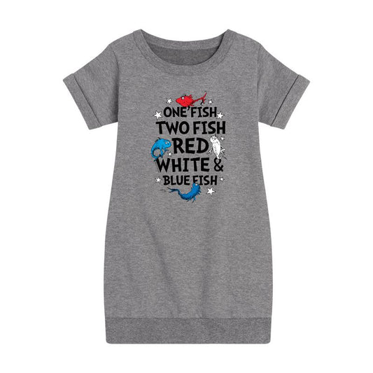Girls' - Dr. Seuss - Red, White and Blue Fish Graphic Short Sleeve Fleece Dress