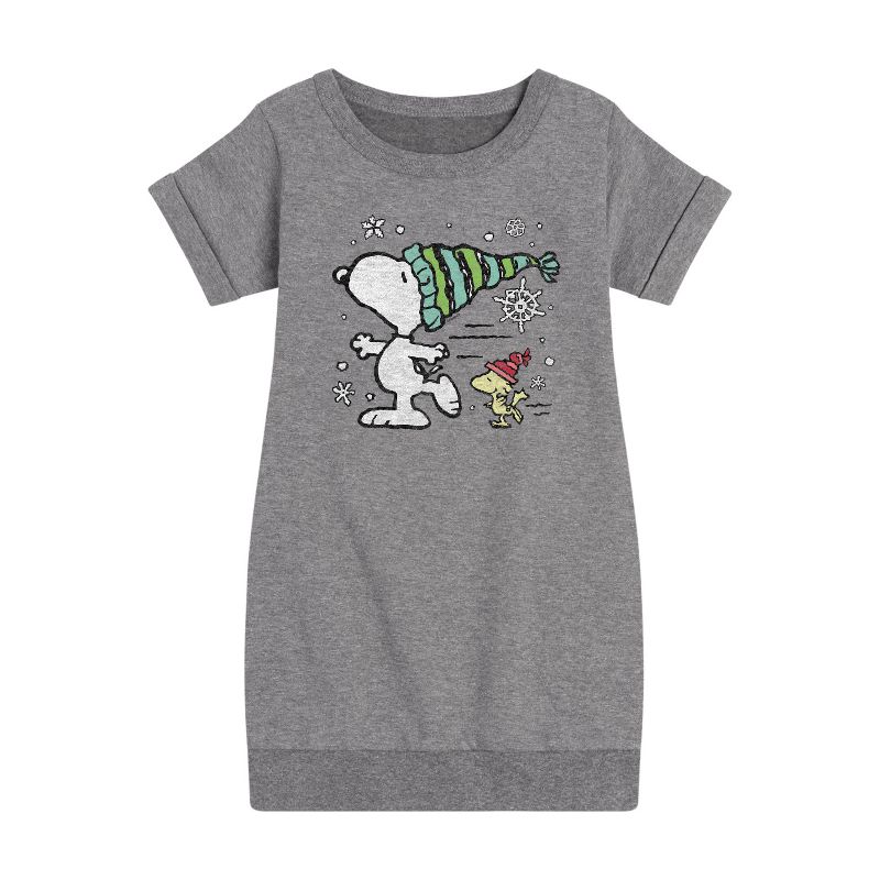 Girls' - Peanuts - Snoopy Woodstock Skate Graphic Short Sleeve Fleece Dress