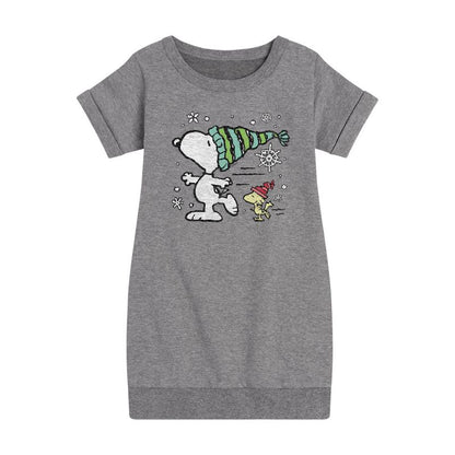 Girls' - Peanuts - Snoopy Woodstock Skate Graphic Short Sleeve Fleece Dress