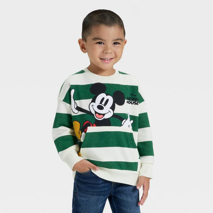 Toddler Boys' Disney Mickey Mouse Striped Fleece Pullover - Green