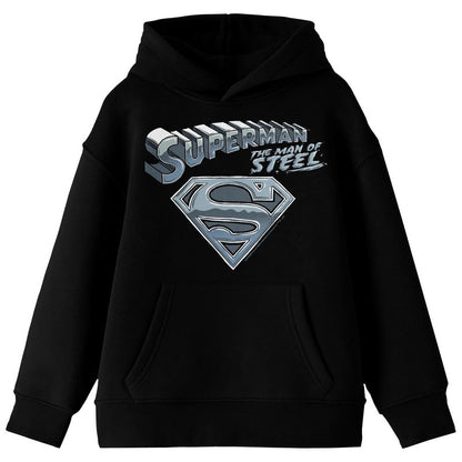 Superman Man Of Steel Chrome Logo Long Sleeve Youth Black Hooded Sweatshirt
