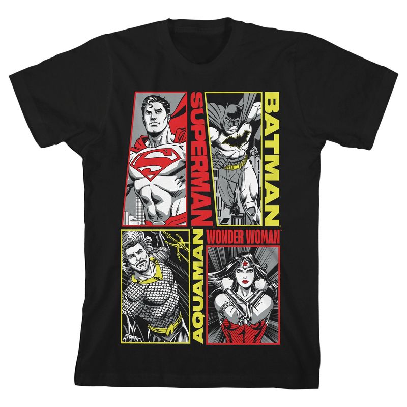 تي شيرت أسود للأولاد بأكمام قصيرة ورقبة دائرية ومطبوع عليه شعار أبطال العدالة الأسطوريين