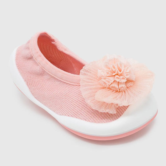 Komuello Toddler Girl First Walk Sock Shoes Flat Style - Flat Pompom