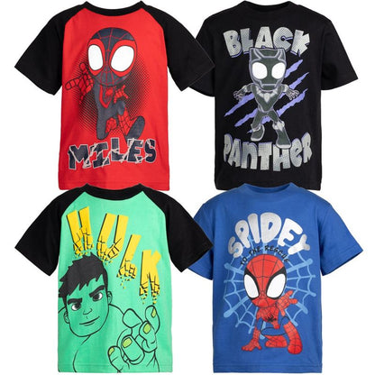 Marvel Avengers Spidey and His Amazing Friends Hulk Iron Man Spider-Man Miles Morales 4 Pack T-Shirts Little Kid to Little Kid