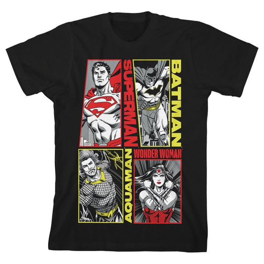 تي شيرت أسود للأولاد بأكمام قصيرة ورقبة دائرية ومطبوع عليه شعار أبطال العدالة الأسطوريين