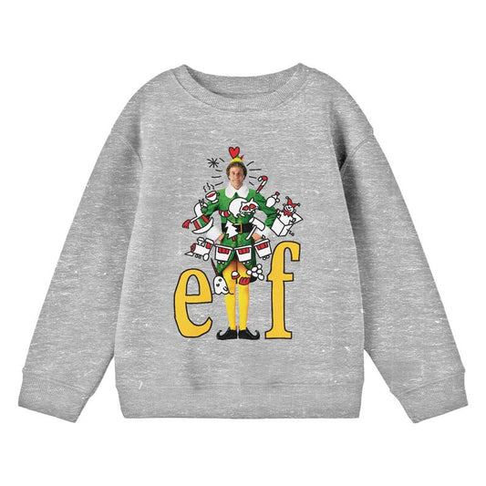 سويت شيرت شبابي بياقة دائرية رمادية باهتة مع شعار Elf Doodle على Buddy
