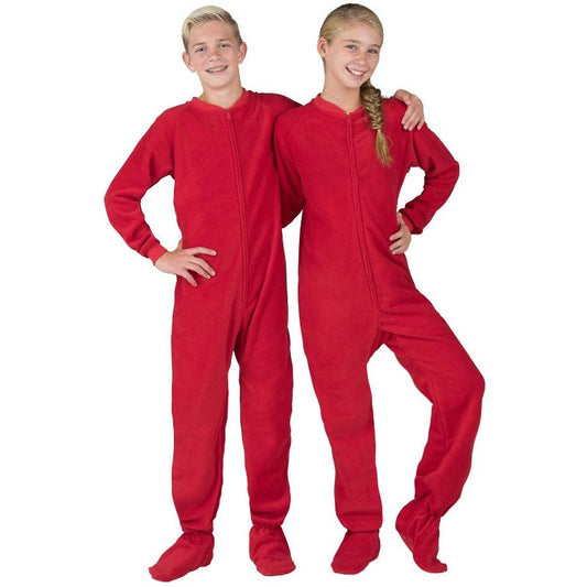 Footed Pajamas - Bright Red Kids Fleece One Piece
