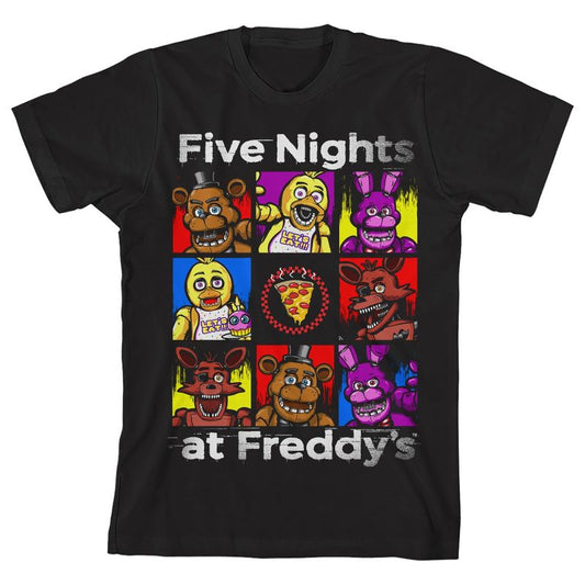 Five Nights At Freddy's Gel Ink Character Grid Crew Neck Short Sleeve Boy's Black T-shirt
