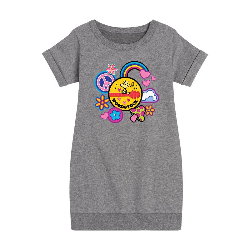 فستان بناتي من الصوف بأكمام قصيرة من وودستوك برسومات السلام والحب - Peanuts - نقشة زهور