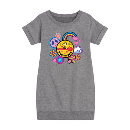 فستان بناتي من الصوف بأكمام قصيرة من وودستوك برسومات السلام والحب - Peanuts - نقشة زهور