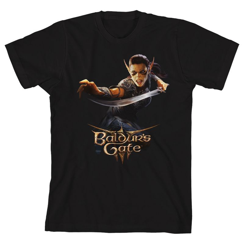 تي شيرت أسود للشباب بأكمام قصيرة ورقبة دائرية وشعار Iae'zel وBaldur's Gate من Dungeons &amp; Dragons