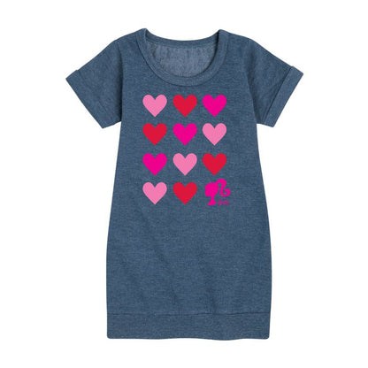 فستان باربي للبنات - فستان من الصوف بأكمام قصيرة ورسومات شبكية على شكل قلب