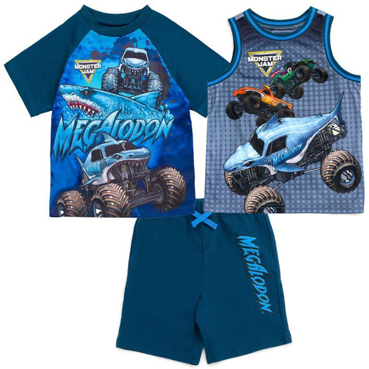 تي شيرت وقميص داخلي من Monster Jam Grave Digger El Toro Loco Megalodon وشورت French Terry، طقم من 3 قطع للأطفال الصغار إلى الكبار