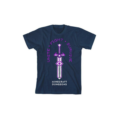 تي شيرت للأولاد باللون الأزرق الداكن من Minecraft Dungeons Sword Unite Fight Survive