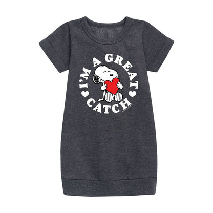 Girls' - Peanuts - Great Catch Graphic Short Sleeve Fleece Dress