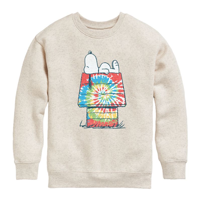 Boys' - Peanuts - Snoopy Tie Dye House Graphic Long Sleeve Fleece Sweatshirt