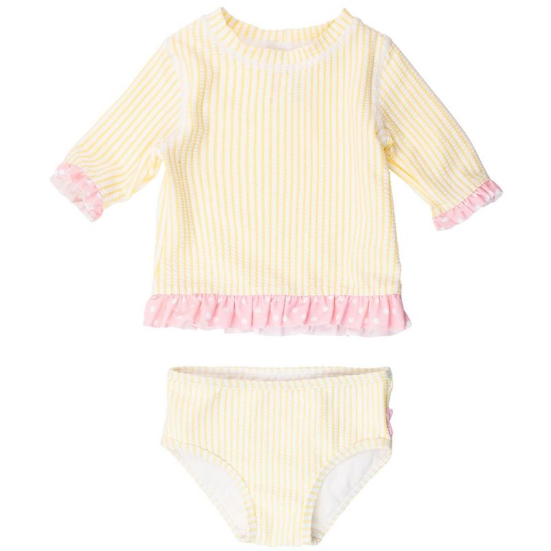 RuffleButts Girls UPF50+ Seersucker Short Sleeve Ruffle Rash Guard Bikini