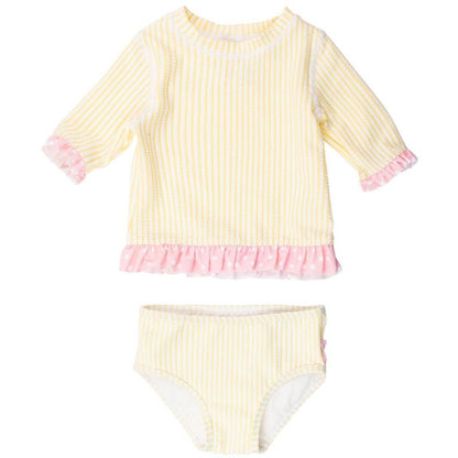 RuffleButts Girls UPF50+ Seersucker Short Sleeve Ruffle Rash Guard Bikini