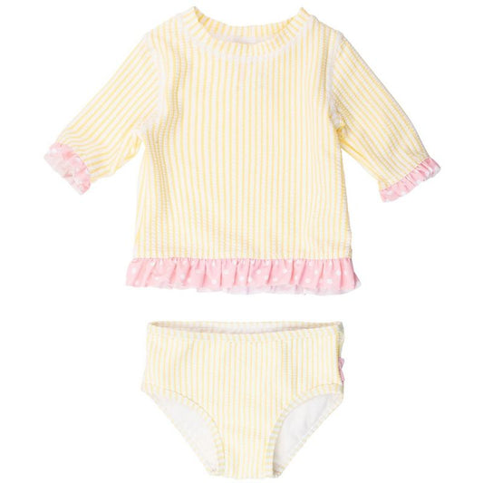 RuffleButts Girls UPF50+ Seersucker Short Sleeve Ruffle Rash Guard Bikini