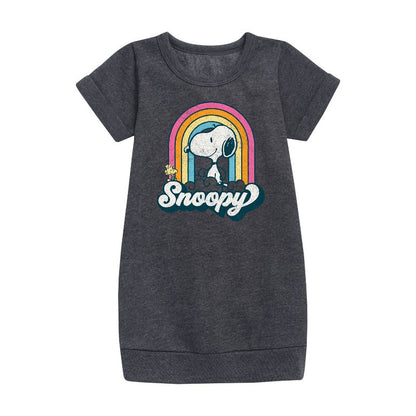 Girls' - Peanuts - Snoopy Rainbow Clouds Graphic Short Sleeve Fleece Dress