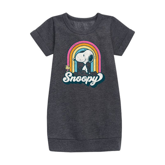 Girls' - Peanuts - Snoopy Rainbow Clouds Graphic Short Sleeve Fleece Dress