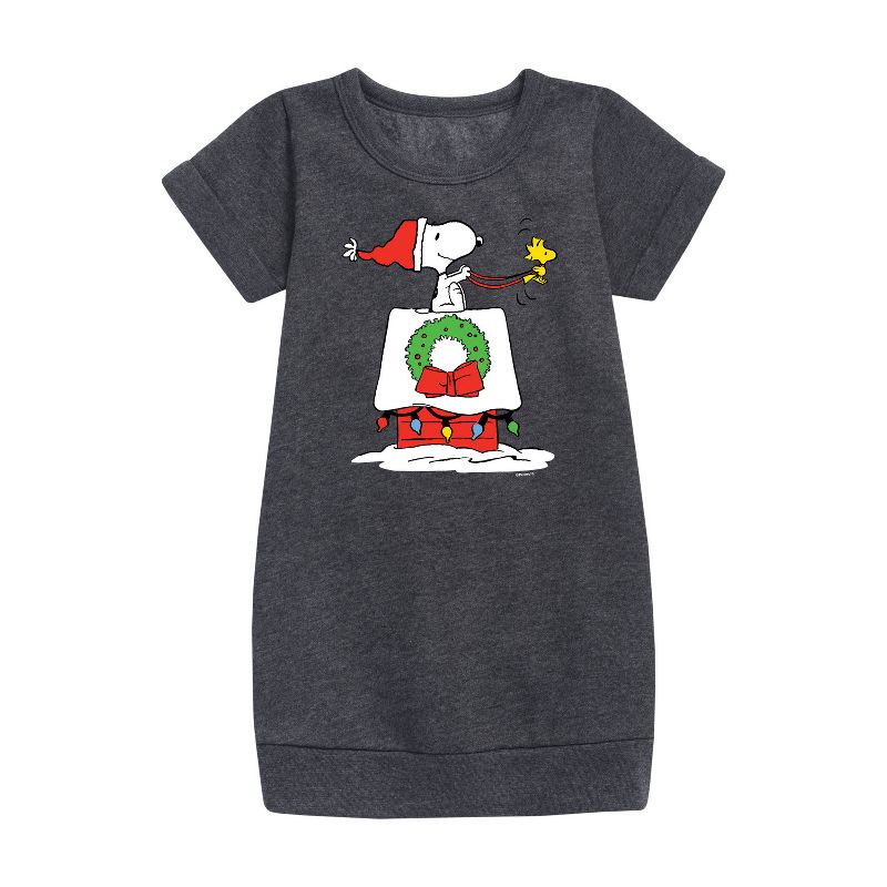 Girls' - Peanuts - Snoopy & Woodstock House Sleigh Graphic Short Sleeve Fleece Dress