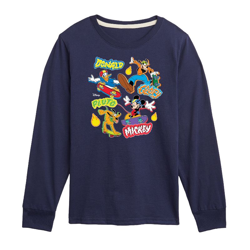 Boys' - Disney - Mickey Goofy Pluto Donald Skate Crew Long Sleeve Graphic T-Shirt