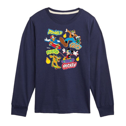 Boys' - Disney - Mickey Goofy Pluto Donald Skate Crew Long Sleeve Graphic T-Shirt