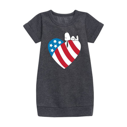 Girls' - Peanuts - Snoopy On Flag Heart Graphic Short Sleeve Fleece Dress