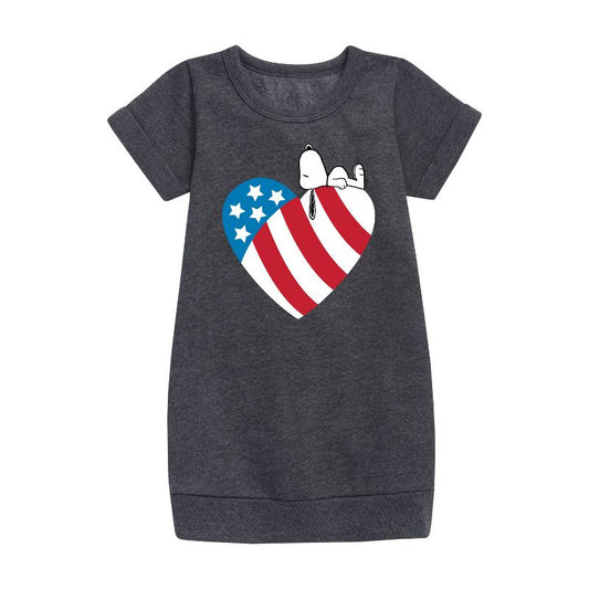 Girls' - Peanuts - Snoopy On Flag Heart Graphic Short Sleeve Fleece Dress